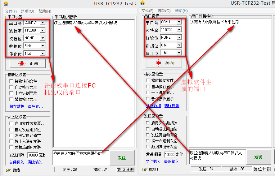 USR-TCP232-302服务器基本测试通信和使用案例