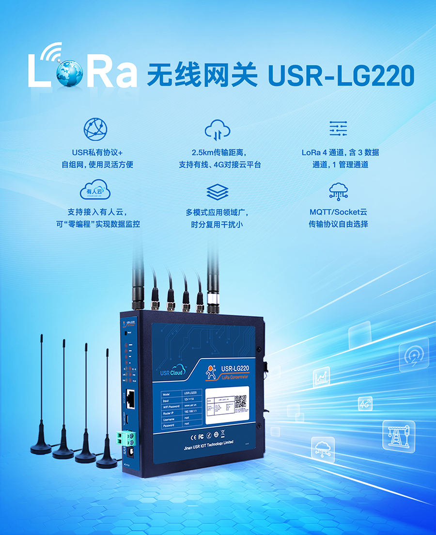 LoRa无线网关USR-LG220-L，私有协议组网便捷，支持有人云，零编程数据监控