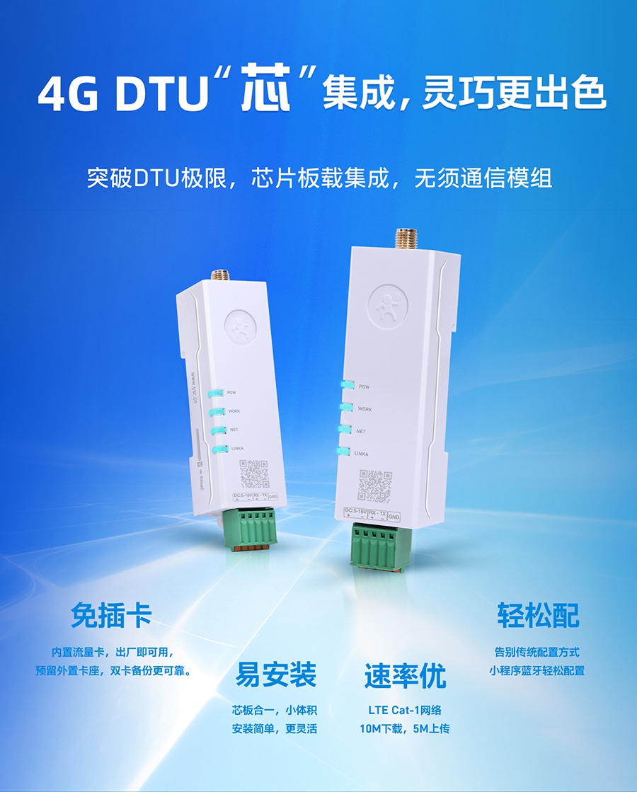 超小体积导轨式Cat-1 DTU_RS232/485/TTL通信方式自选cat1 modem终端联网设备
